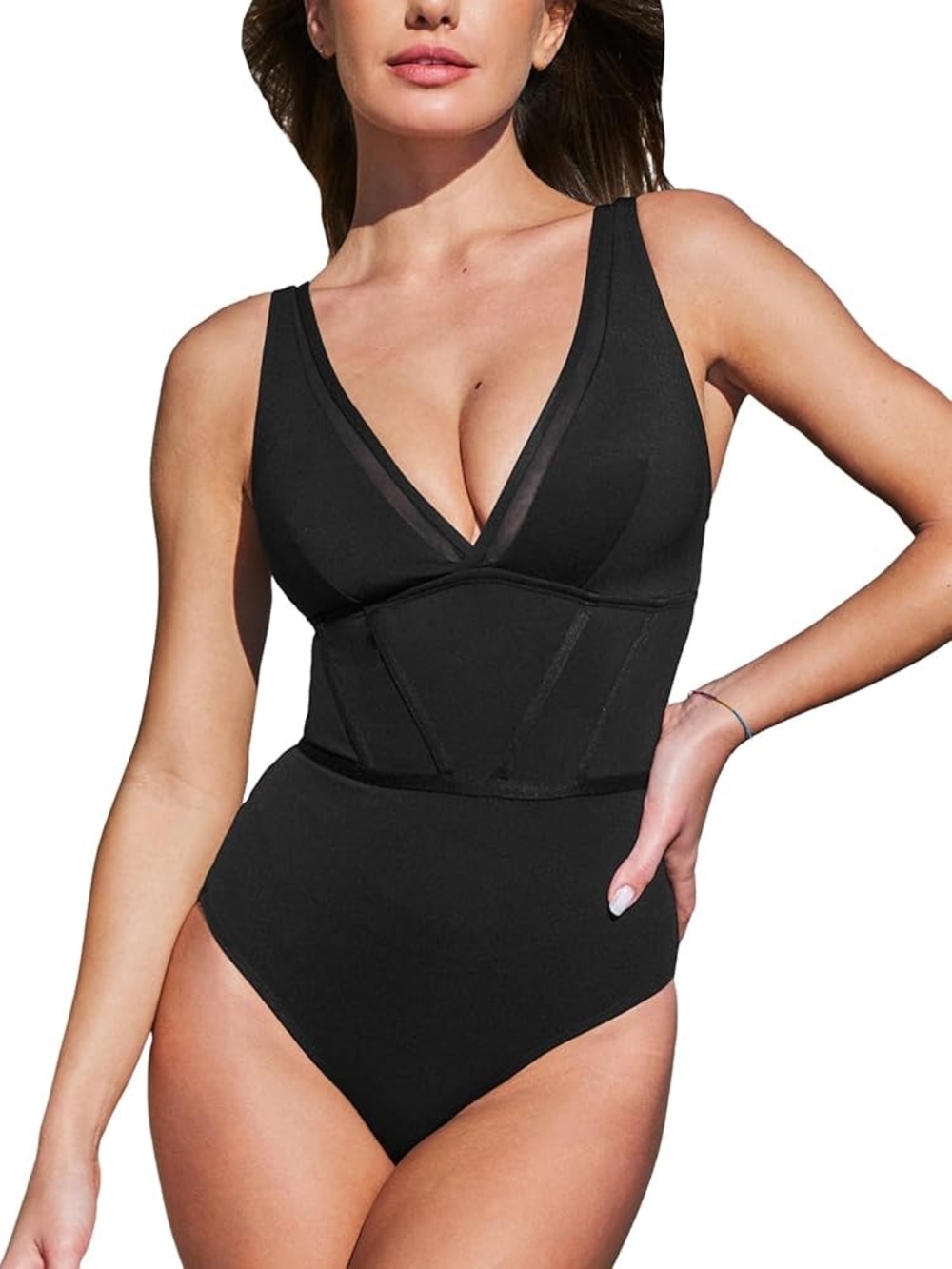 CUPSHE M Black Plunging Fishbone Tummy Control One-Piece